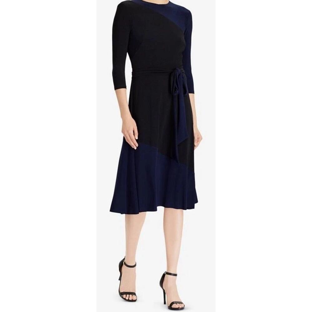 EUC Lauren Ralph Lauren Two-Tone Dress Black Navy Sz 12 With Sash